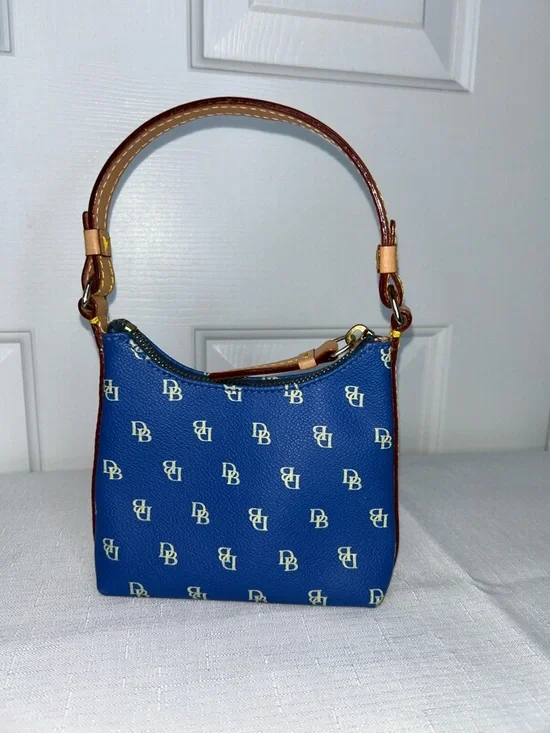 Dooney & Bourke Bitsy Bag Navy & White Micro Top-Handle Bag with Brown Trim - Picture 4 of 12